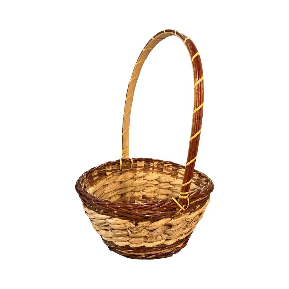Vintage Two Tone Woven Wicker Basket with High Handle 13in x 8.5in x 7.5in